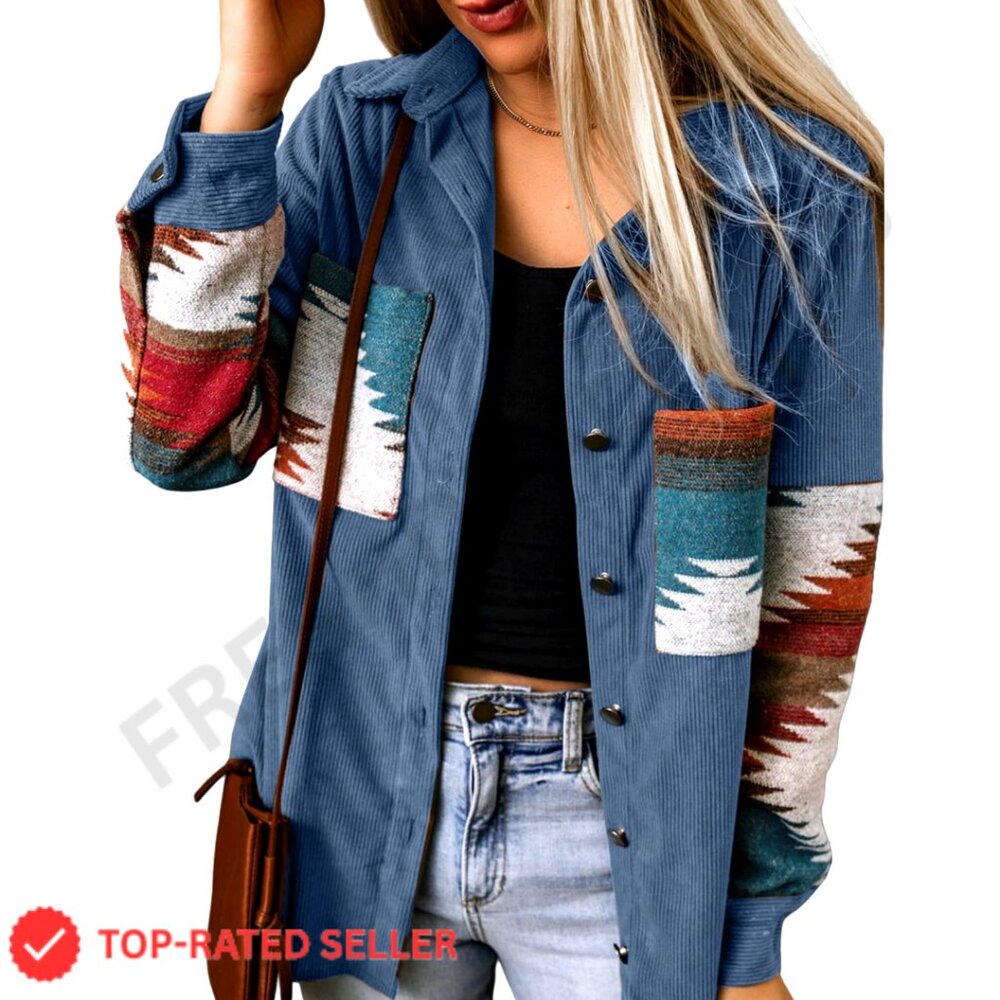 Corduroy Flannel Shacket Long Sleeve Button Down Loose Fit with Pockets